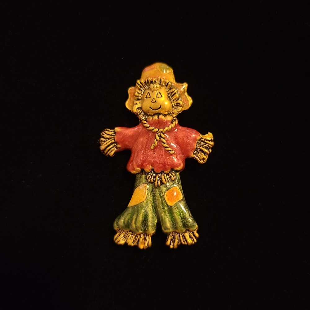 Enameled Gold Pumpkin Scarecrow Brooch Pin